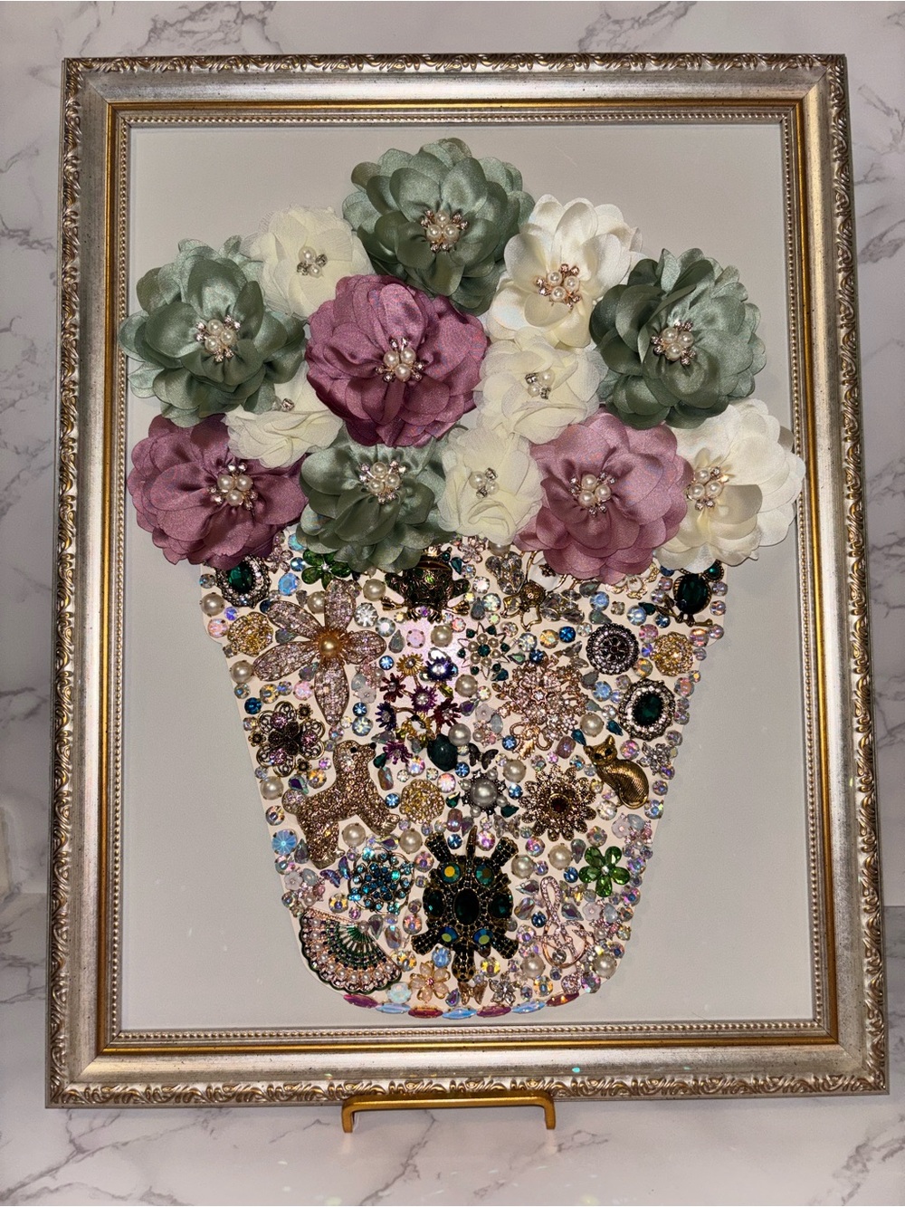 Framed Floral Bouquet Wall Art with Jeweled Vase - Sage, Mauve & Cream